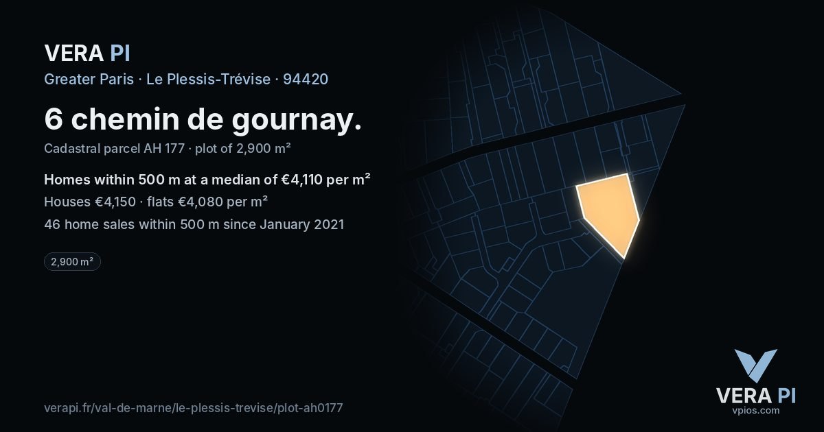 6 chemin de gournay, Le Plessis-Trévise at night – the plot lit, the parcels around coloured by the prices near them