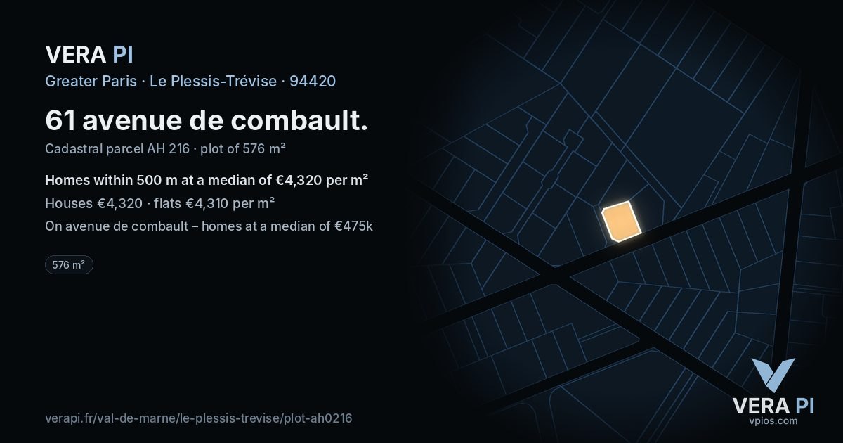 61 avenue de combault, Le Plessis-Trévise at night – the plot lit, the parcels around coloured by the prices near them