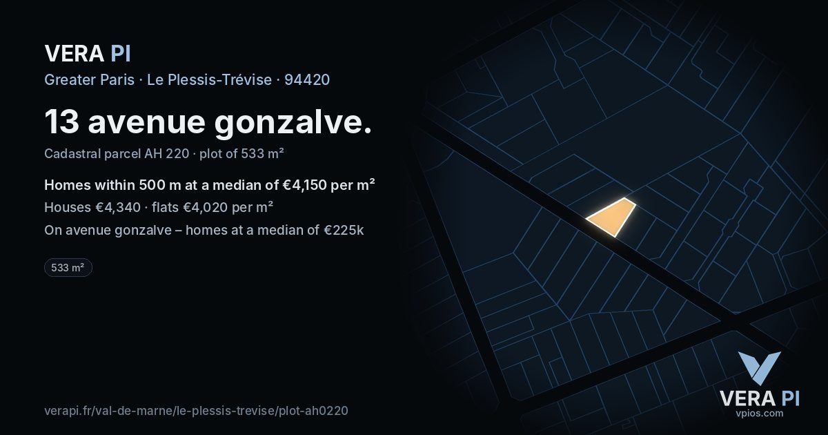 13 avenue gonzalve, Le Plessis-Trévise at night – the plot lit, the parcels around coloured by the prices near them