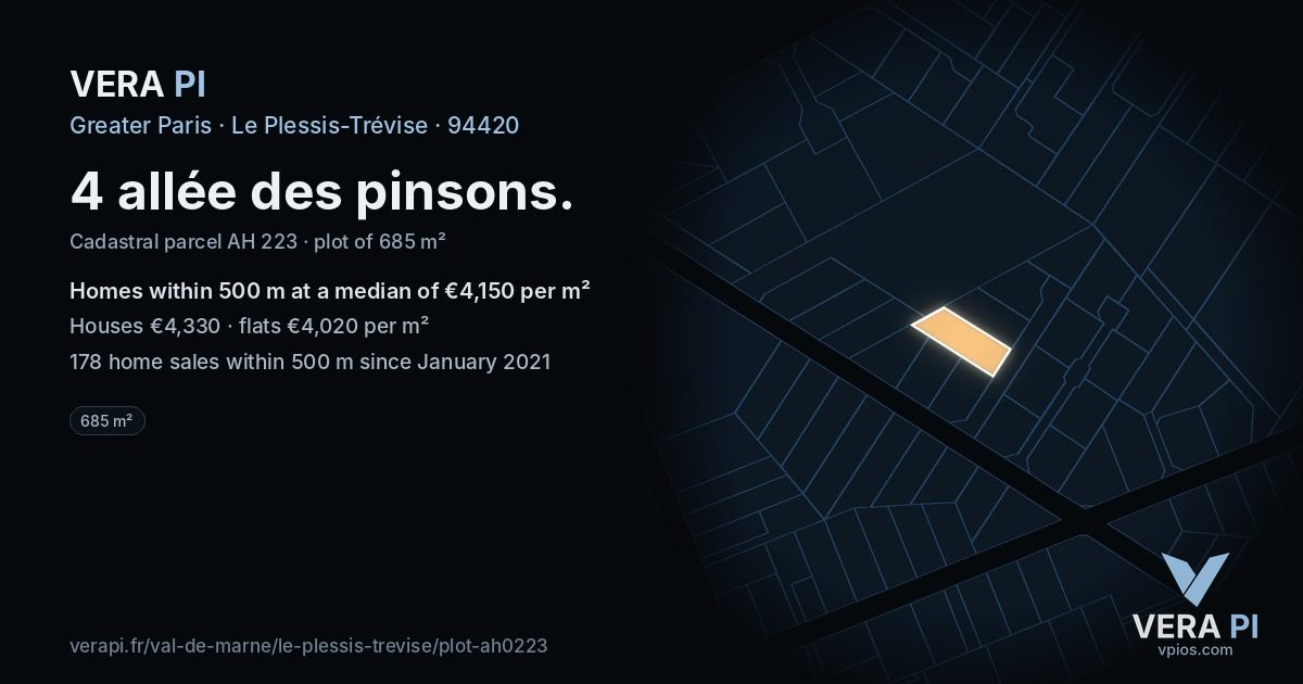 4 allée des pinsons, Le Plessis-Trévise at night – the plot lit, the parcels around coloured by the prices near them