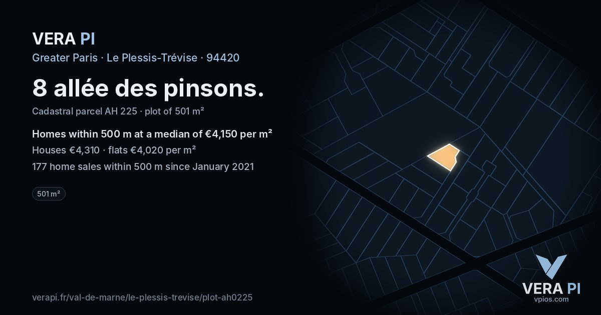 8 allée des pinsons, Le Plessis-Trévise at night – the plot lit, the parcels around coloured by the prices near them