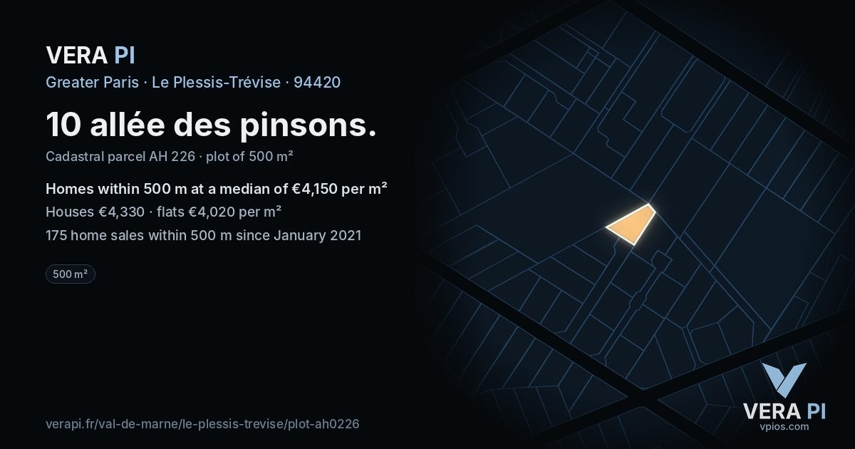 10 allée des pinsons, Le Plessis-Trévise at night – the plot lit, the parcels around coloured by the prices near them