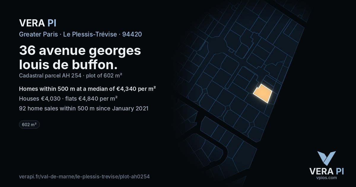 36 avenue georges louis de buffon, Le Plessis-Trévise at night – the plot lit, the parcels around coloured by the prices near them