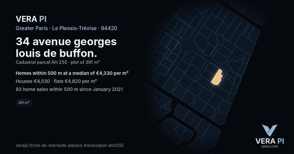 34 avenue georges louis de buffon, Le Plessis-Trévise at night – the plot lit, the parcels around coloured by the prices near them