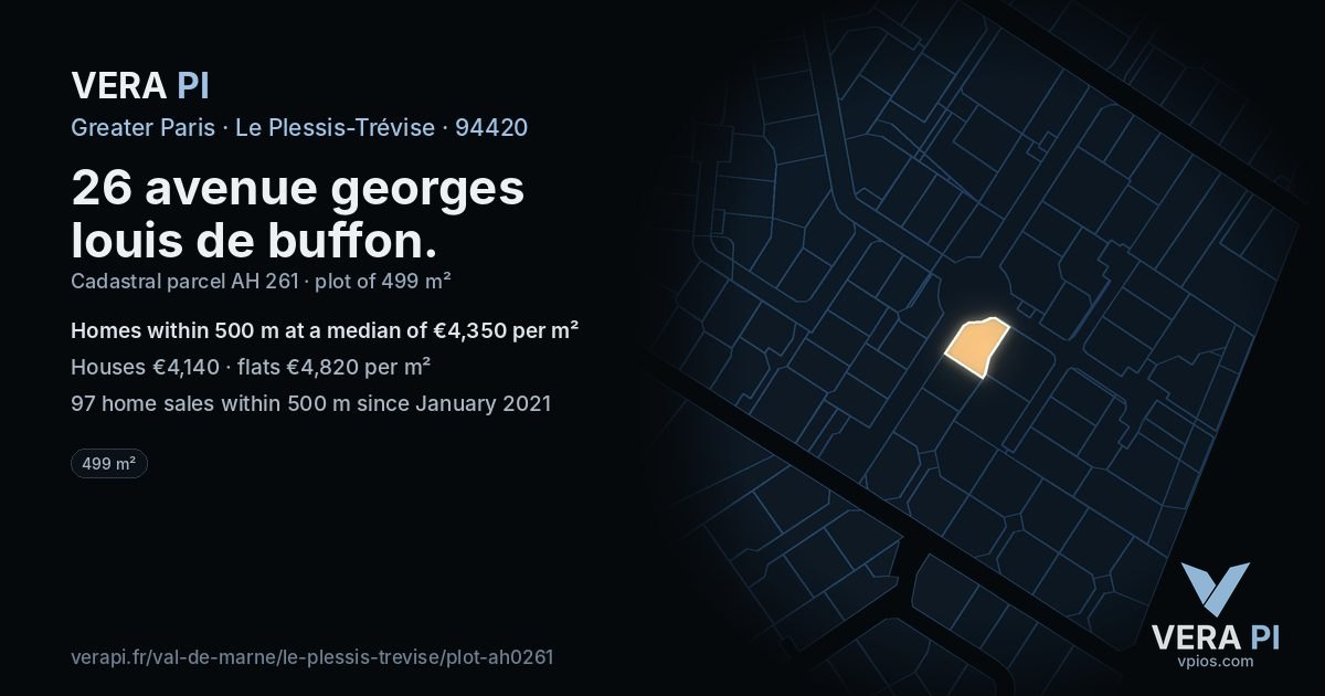 26 avenue georges louis de buffon, Le Plessis-Trévise at night – the plot lit, the parcels around coloured by the prices near them