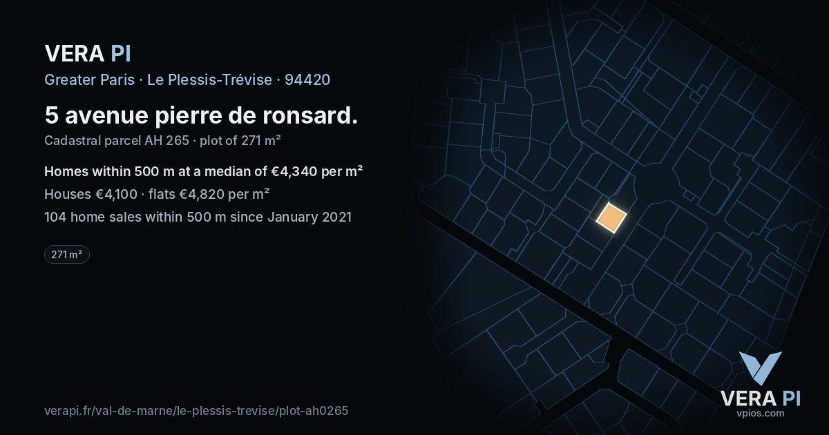 5 avenue pierre de ronsard, Le Plessis-Trévise at night – the plot lit, the parcels around coloured by the prices near them