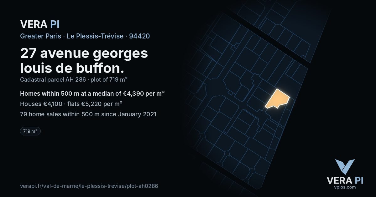 27 avenue georges louis de buffon, Le Plessis-Trévise at night – the plot lit, the parcels around coloured by the prices near them