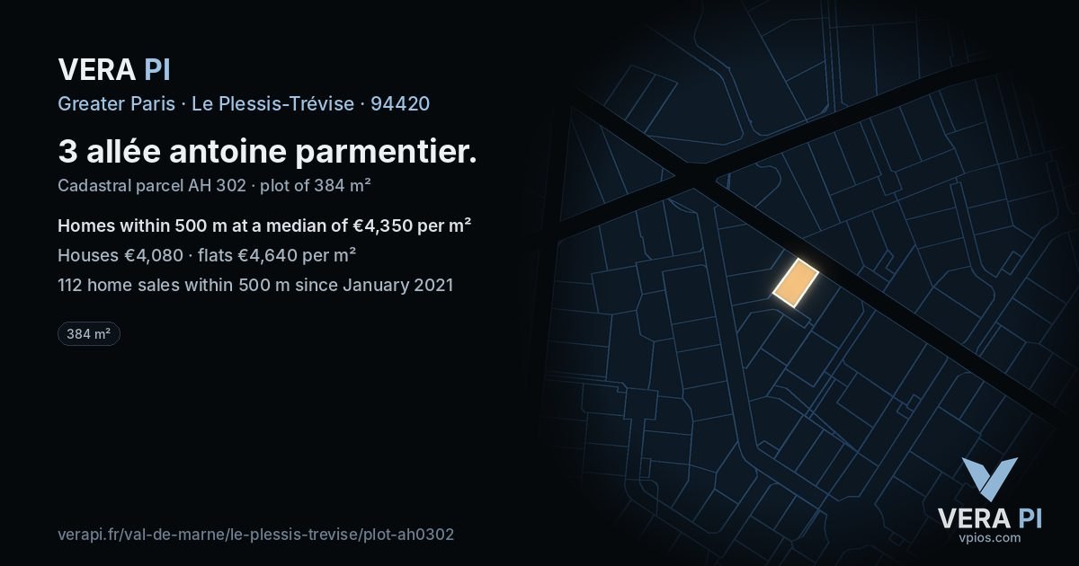 3 allée antoine parmentier, Le Plessis-Trévise at night – the plot lit, the parcels around coloured by the prices near them
