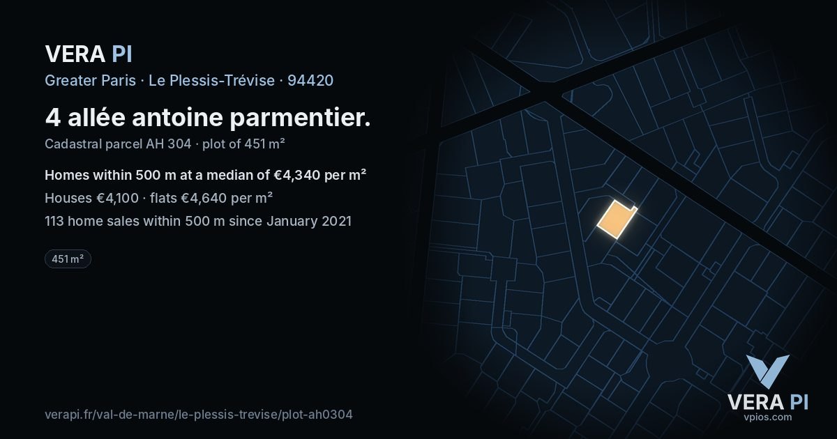 4 allée antoine parmentier, Le Plessis-Trévise at night – the plot lit, the parcels around coloured by the prices near them