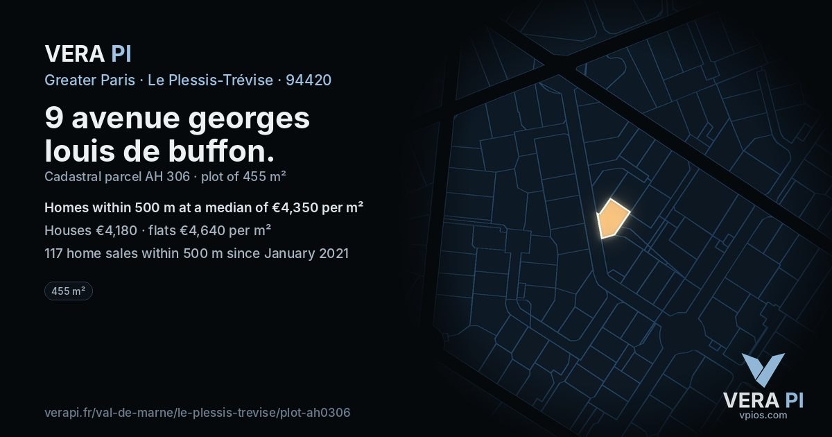9 avenue georges louis de buffon, Le Plessis-Trévise at night – the plot lit, the parcels around coloured by the prices near them