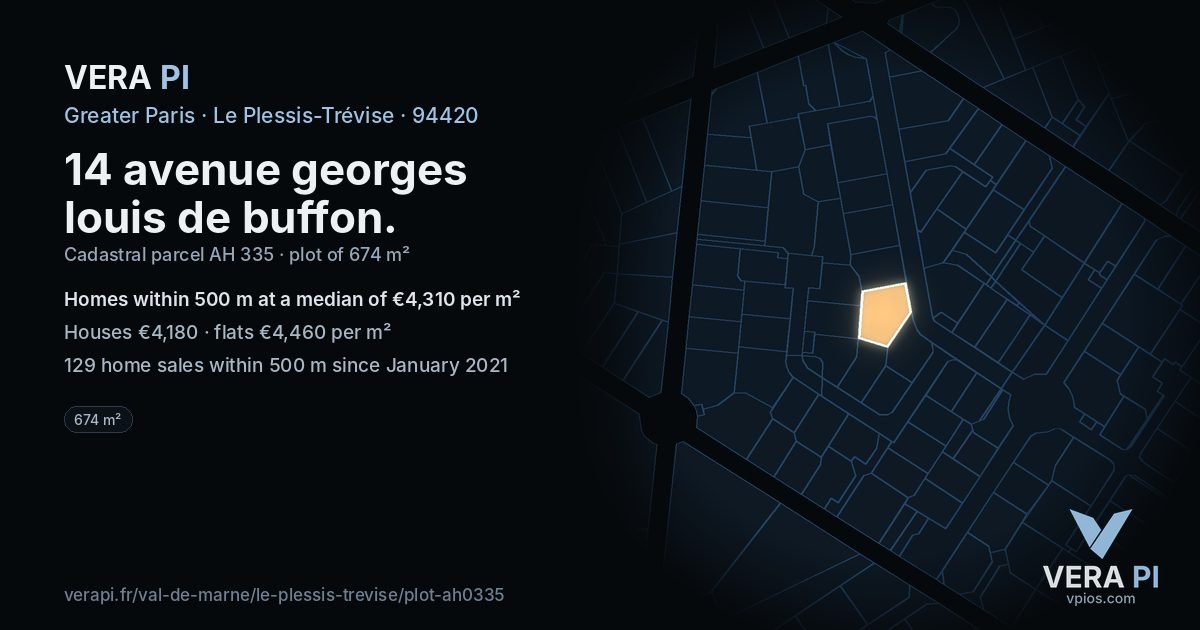 14 avenue georges louis de buffon, Le Plessis-Trévise at night – the plot lit, the parcels around coloured by the prices near them