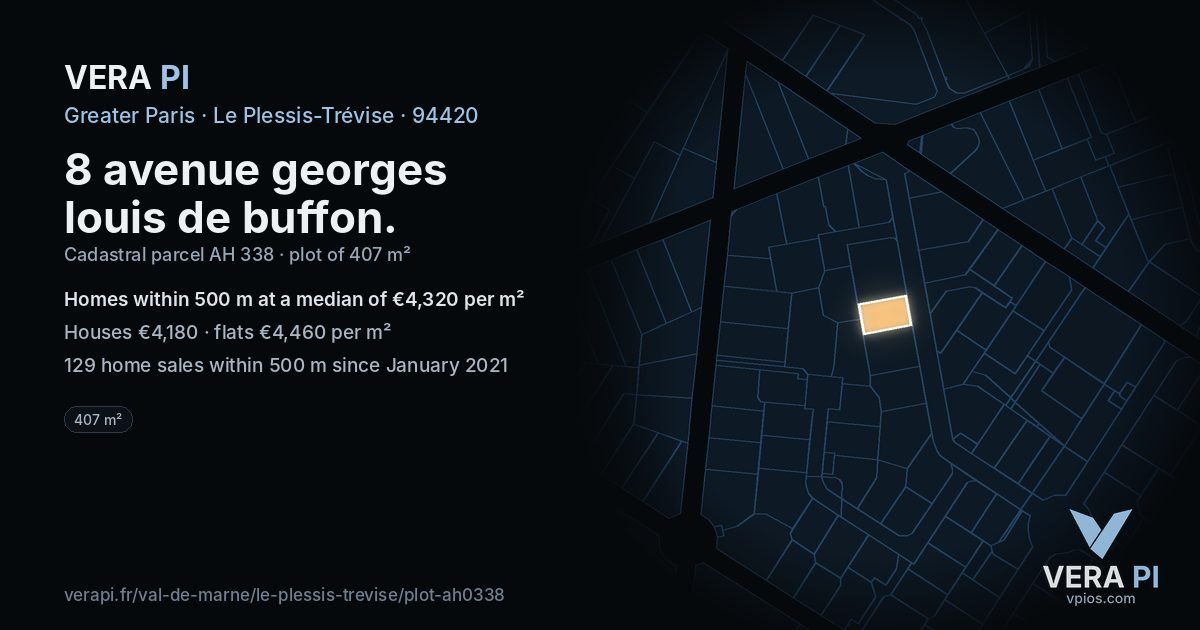 8 avenue georges louis de buffon, Le Plessis-Trévise at night – the plot lit, the parcels around coloured by the prices near them