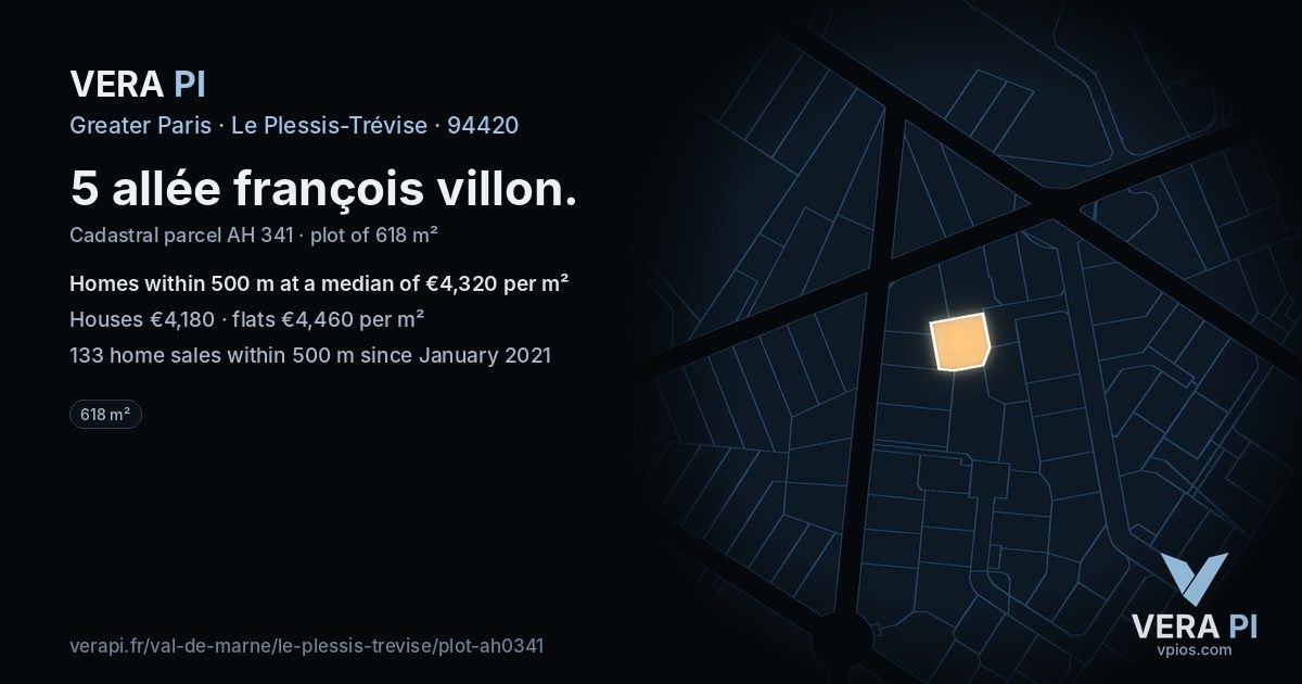 5 allée françois villon, Le Plessis-Trévise at night – the plot lit, the parcels around coloured by the prices near them