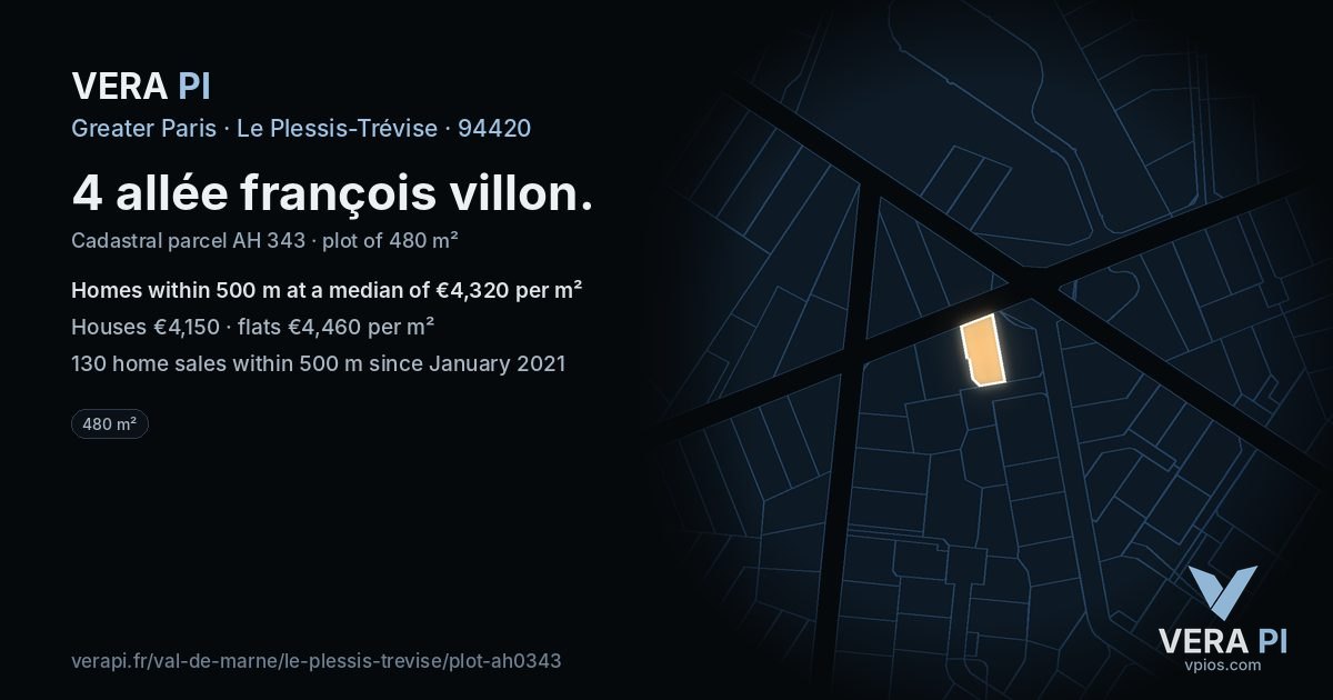 4 allée françois villon, Le Plessis-Trévise at night – the plot lit, the parcels around coloured by the prices near them