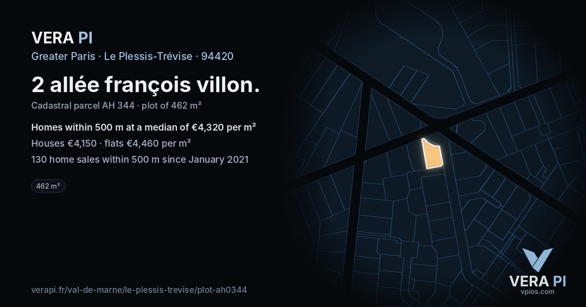 2 allée françois villon, Le Plessis-Trévise at night – the plot lit, the parcels around coloured by the prices near them