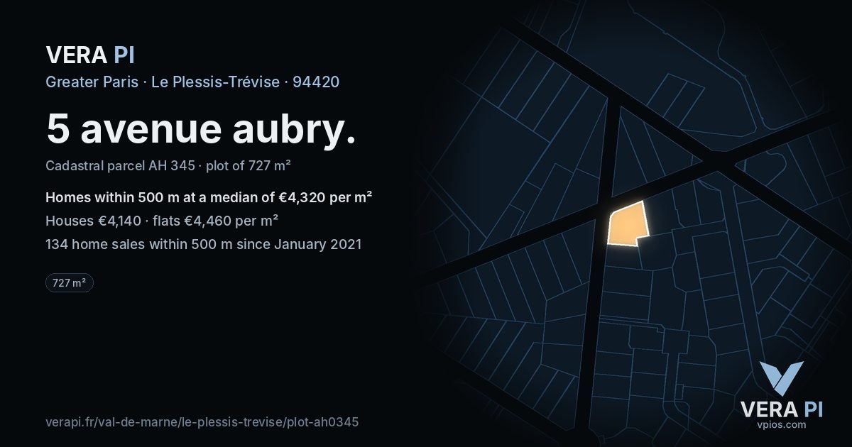 5 avenue aubry, Le Plessis-Trévise at night – the plot lit, the parcels around coloured by the prices near them