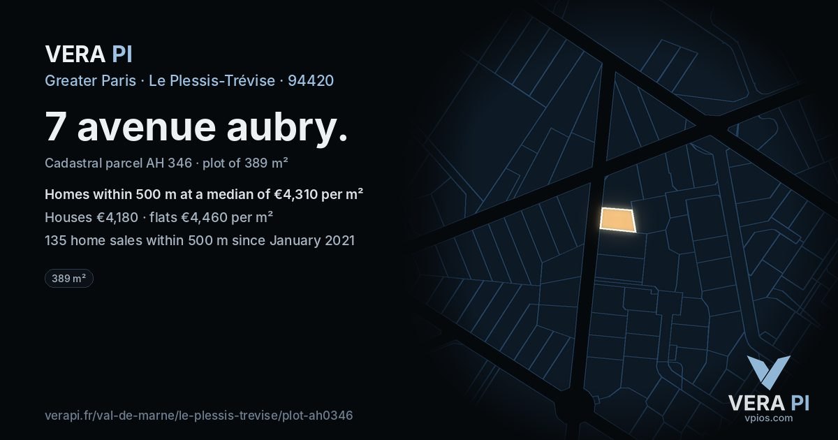 7 avenue aubry, Le Plessis-Trévise at night – the plot lit, the parcels around coloured by the prices near them