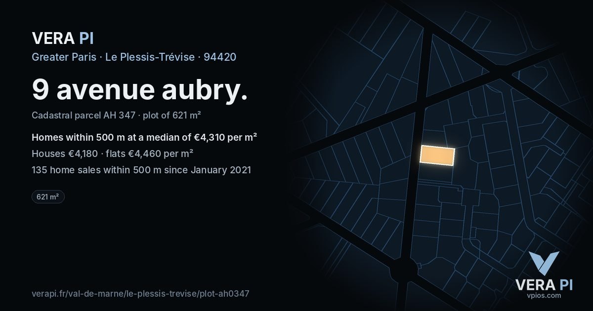 9 avenue aubry, Le Plessis-Trévise at night – the plot lit, the parcels around coloured by the prices near them