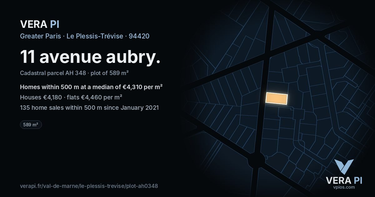 11 avenue aubry, Le Plessis-Trévise at night – the plot lit, the parcels around coloured by the prices near them