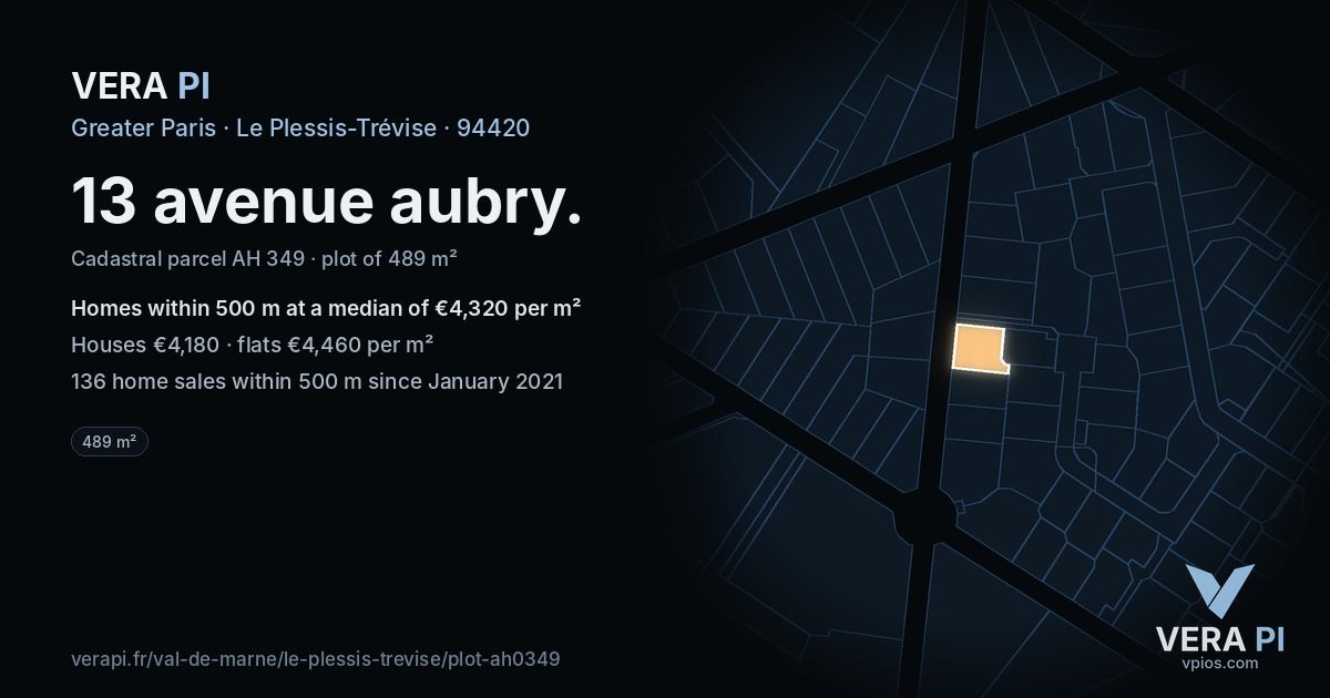 13 avenue aubry, Le Plessis-Trévise at night – the plot lit, the parcels around coloured by the prices near them