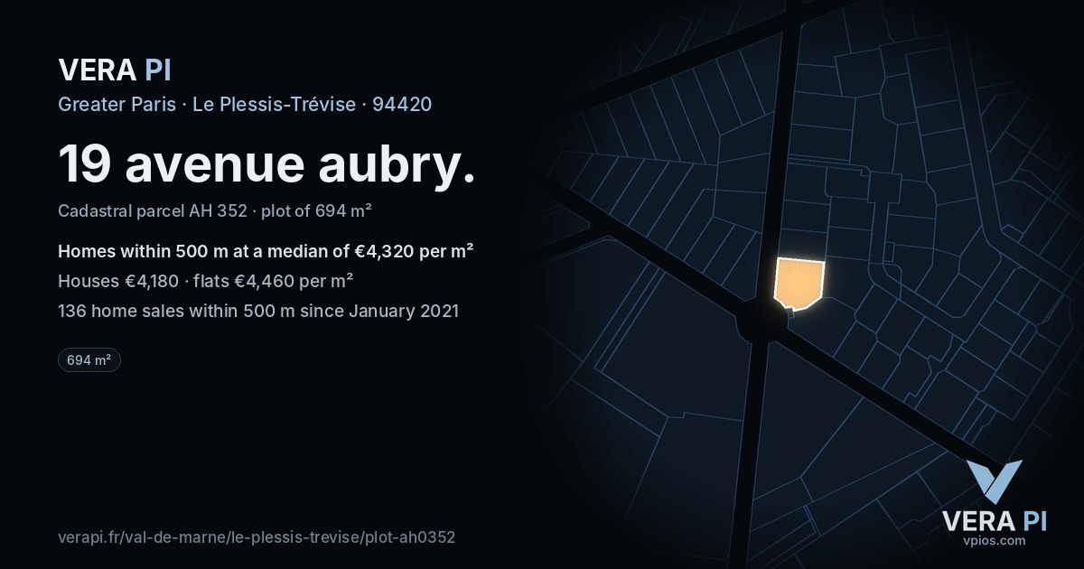 19 avenue aubry, Le Plessis-Trévise at night – the plot lit, the parcels around coloured by the prices near them