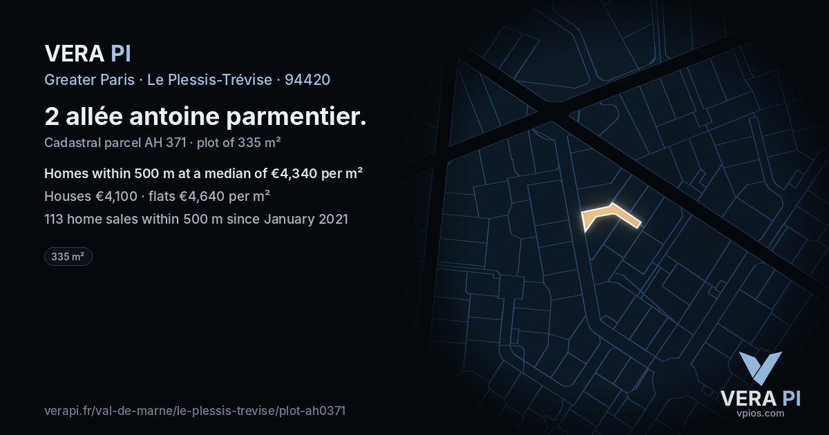 2 allée antoine parmentier, Le Plessis-Trévise at night – the plot lit, the parcels around coloured by the prices near them