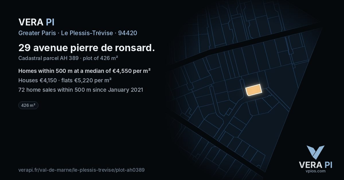 29 avenue pierre de ronsard, Le Plessis-Trévise at night – the plot lit, the parcels around coloured by the prices near them