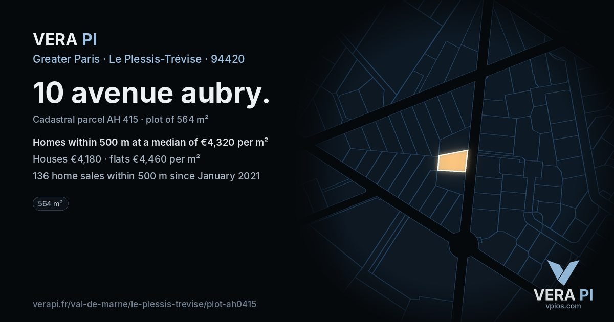 10 avenue aubry, Le Plessis-Trévise at night – the plot lit, the parcels around coloured by the prices near them