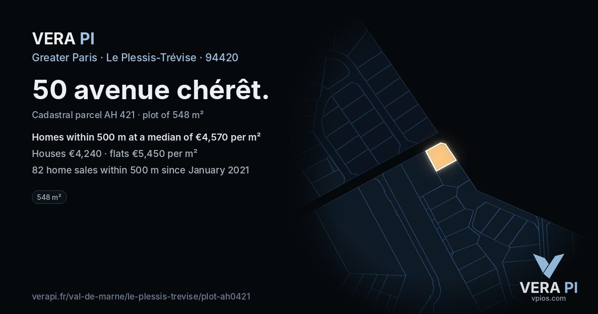 50 avenue chérêt, Le Plessis-Trévise at night – the plot lit, the parcels around coloured by the prices near them