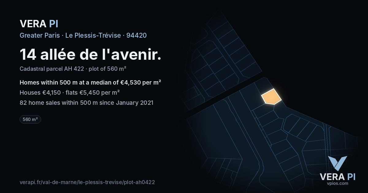 14 allée de l'avenir, Le Plessis-Trévise at night – the plot lit, the parcels around coloured by the prices near them