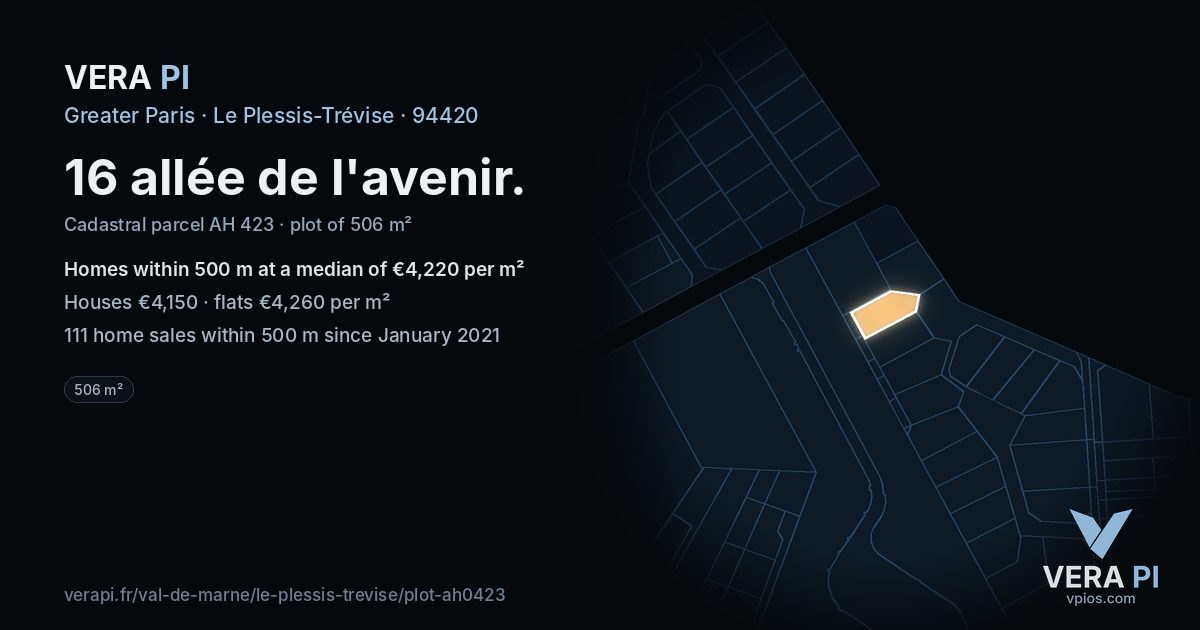 16 allée de l'avenir, Le Plessis-Trévise at night – the plot lit, the parcels around coloured by the prices near them