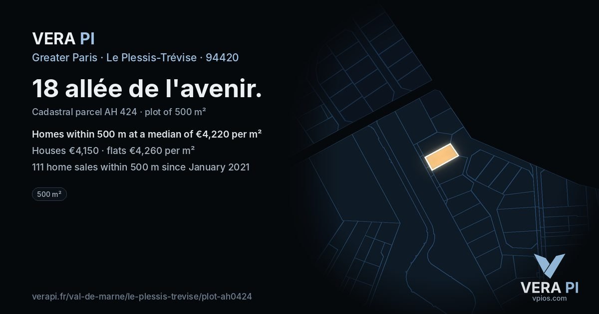 18 allée de l'avenir, Le Plessis-Trévise at night – the plot lit, the parcels around coloured by the prices near them