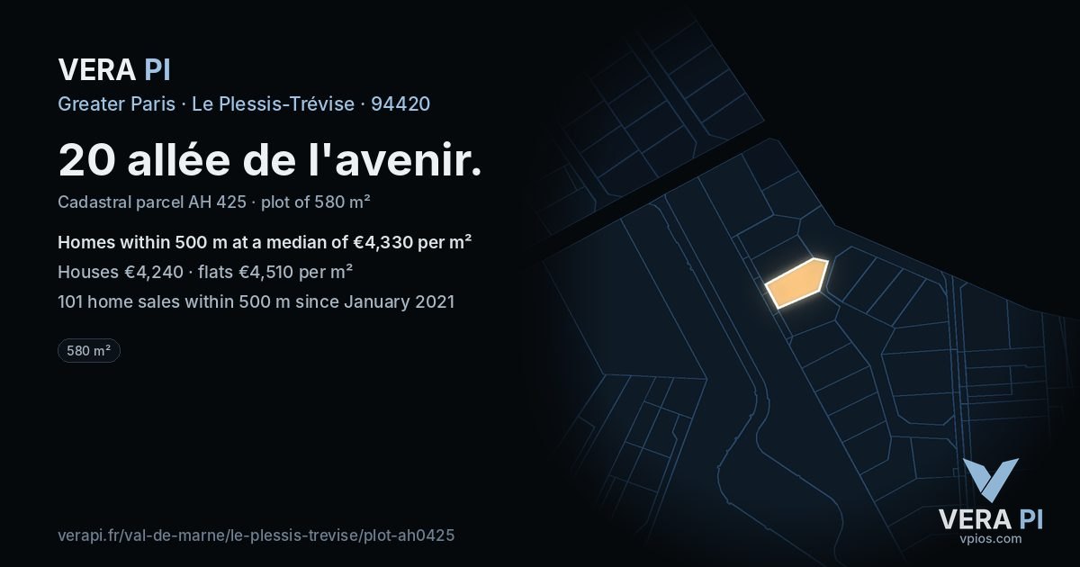 20 allée de l'avenir, Le Plessis-Trévise at night – the plot lit, the parcels around coloured by the prices near them