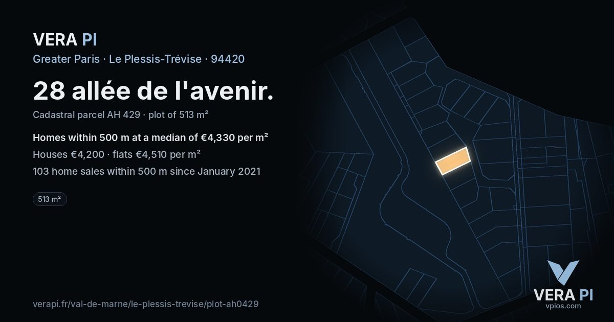 28 allée de l'avenir, Le Plessis-Trévise at night – the plot lit, the parcels around coloured by the prices near them