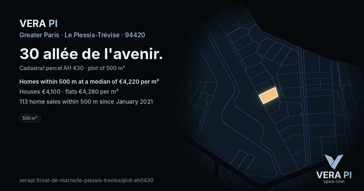 30 allée de l'avenir, Le Plessis-Trévise at night – the plot lit, the parcels around coloured by the prices near them