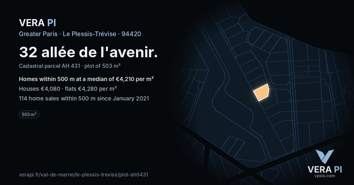 32 allée de l'avenir, Le Plessis-Trévise at night – the plot lit, the parcels around coloured by the prices near them