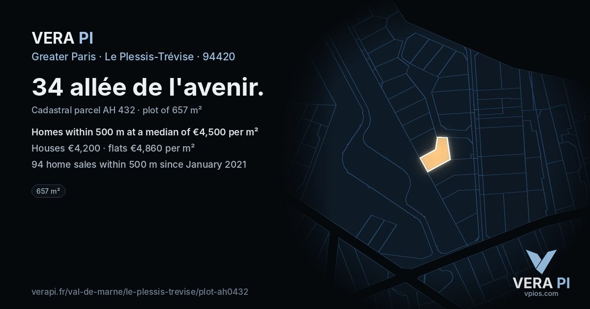 34 allée de l'avenir, Le Plessis-Trévise at night – the plot lit, the parcels around coloured by the prices near them