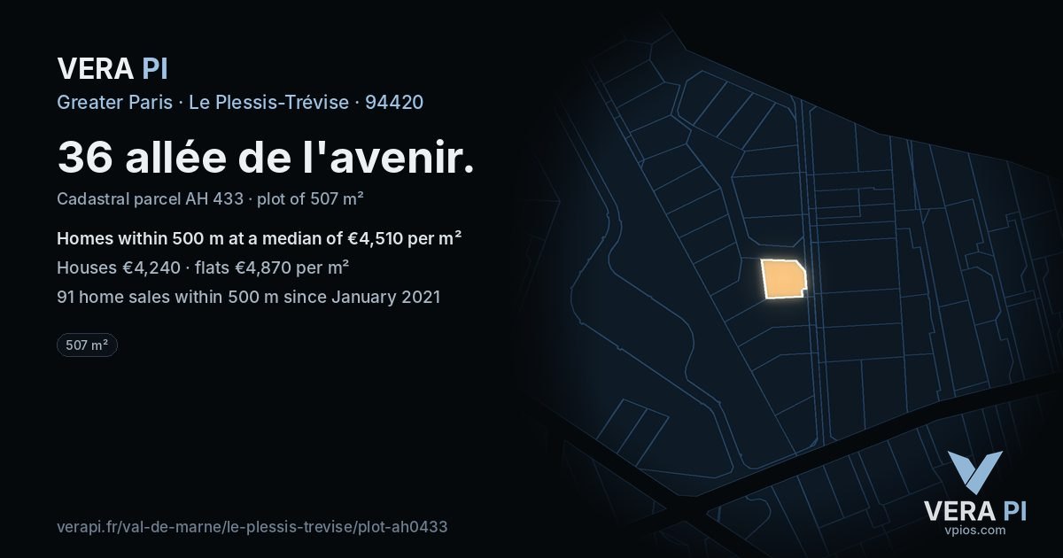 36 allée de l'avenir, Le Plessis-Trévise at night – the plot lit, the parcels around coloured by the prices near them