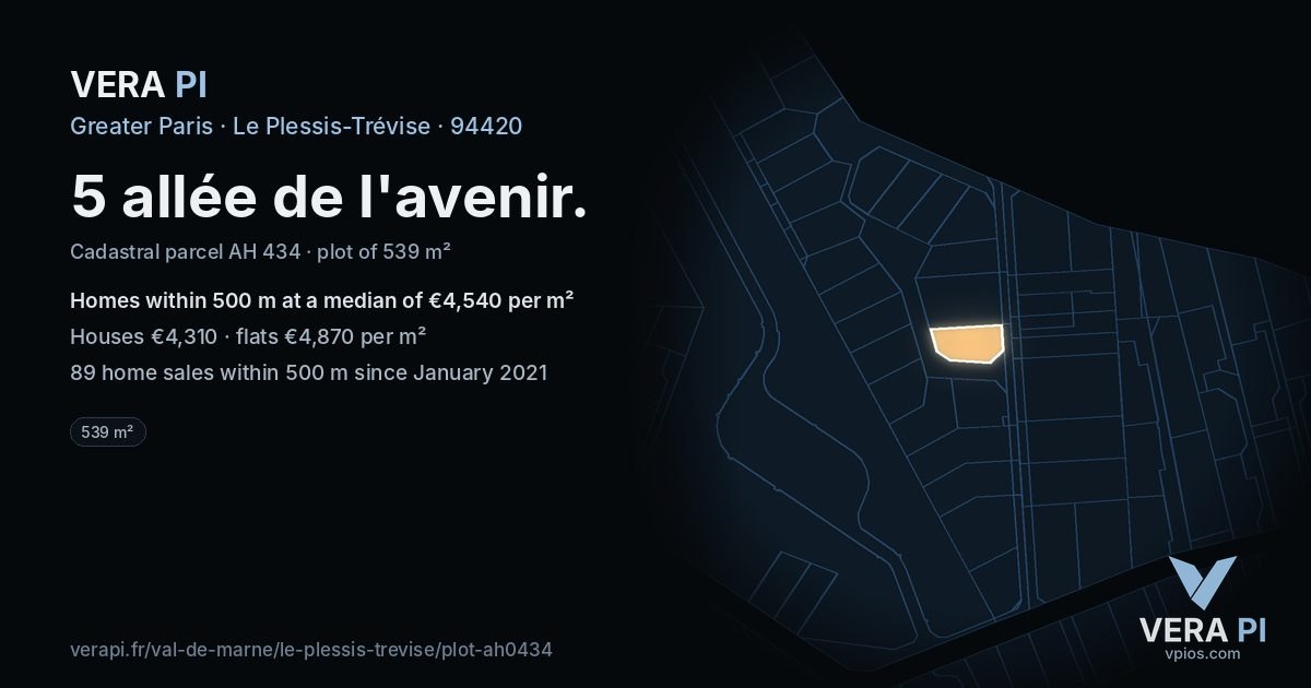 5 allée de l'avenir, Le Plessis-Trévise at night – the plot lit, the parcels around coloured by the prices near them