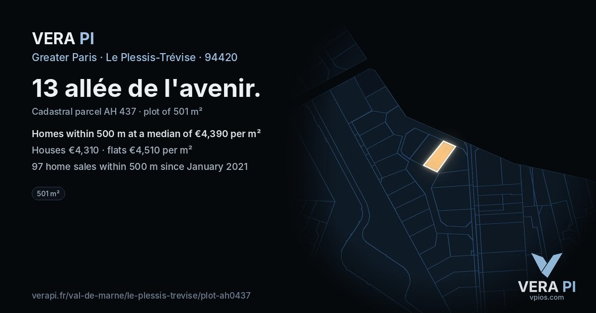 13 allée de l'avenir, Le Plessis-Trévise at night – the plot lit, the parcels around coloured by the prices near them