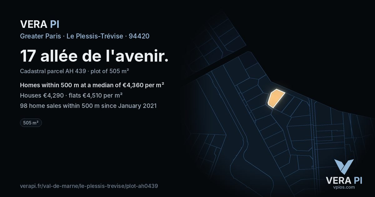 17 allée de l'avenir, Le Plessis-Trévise at night – the plot lit, the parcels around coloured by the prices near them