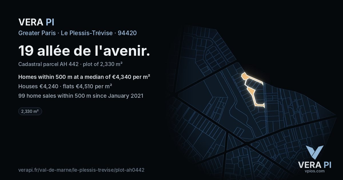 19 allée de l'avenir, Le Plessis-Trévise at night – the plot lit, the parcels around coloured by the prices near them