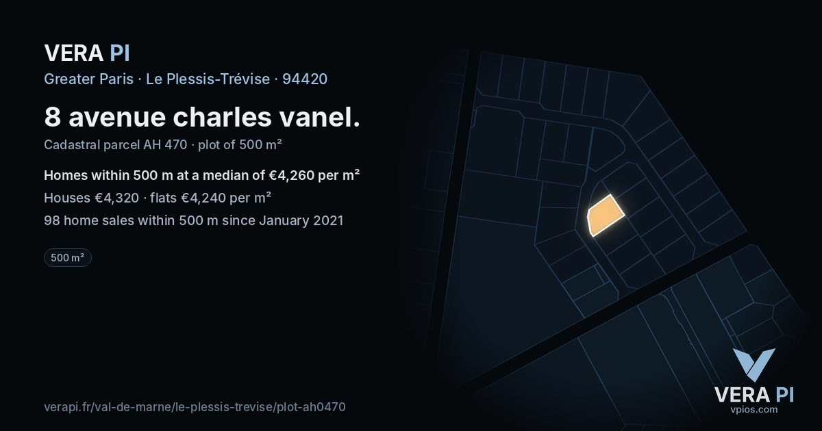 8 avenue charles vanel, Le Plessis-Trévise at night – the plot lit, the parcels around coloured by the prices near them
