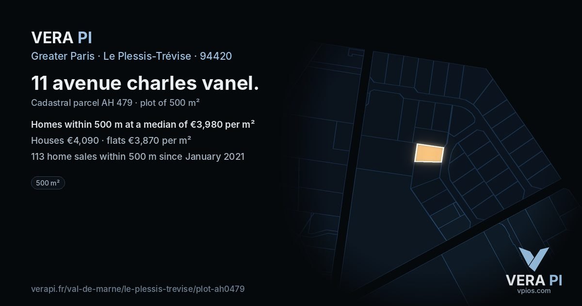 11 avenue charles vanel, Le Plessis-Trévise at night – the plot lit, the parcels around coloured by the prices near them