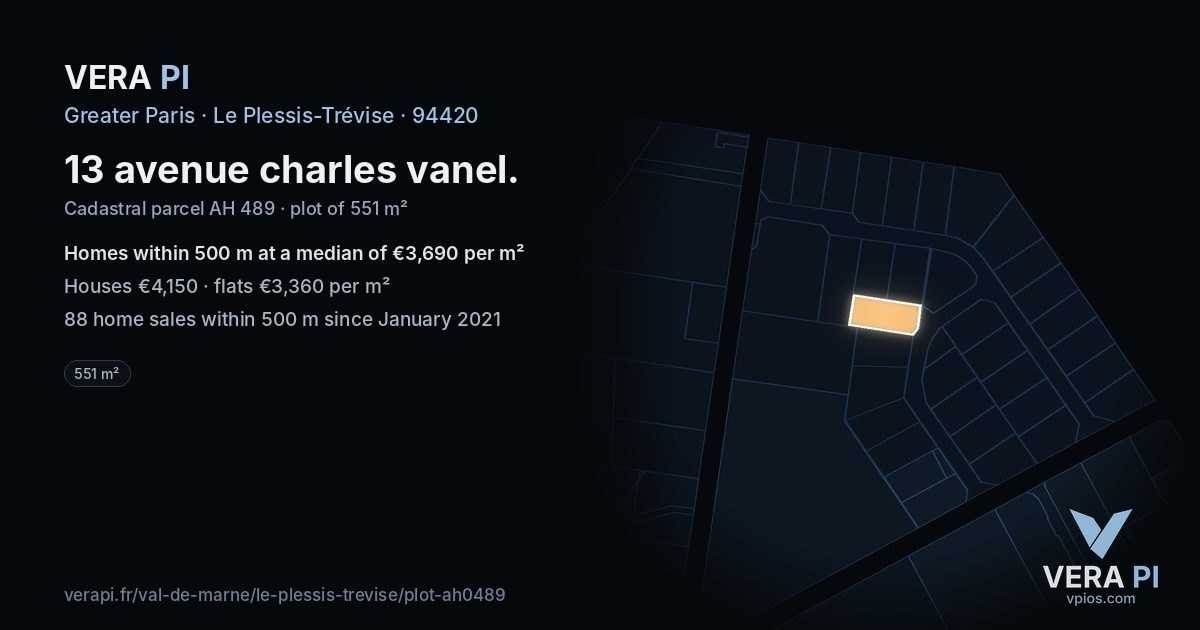 13 avenue charles vanel, Le Plessis-Trévise at night – the plot lit, the parcels around coloured by the prices near them