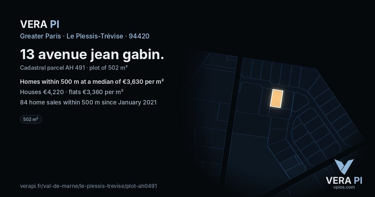 13 avenue jean gabin, Le Plessis-Trévise at night – the plot lit, the parcels around coloured by the prices near them