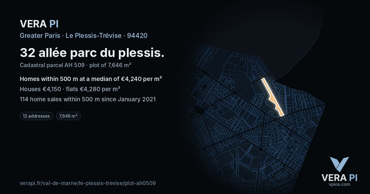 32 allée parc du plessis, Le Plessis-Trévise at night – the plot lit, the parcels around coloured by the prices near them