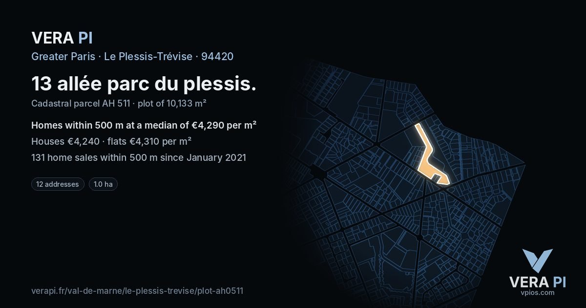13 allée parc du plessis, Le Plessis-Trévise at night – the plot lit, the parcels around coloured by the prices near them