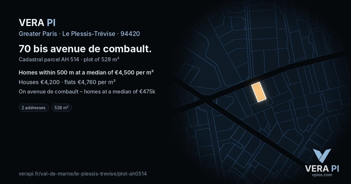70 bis avenue de combault, Le Plessis-Trévise at night – the plot lit, the parcels around coloured by the prices near them