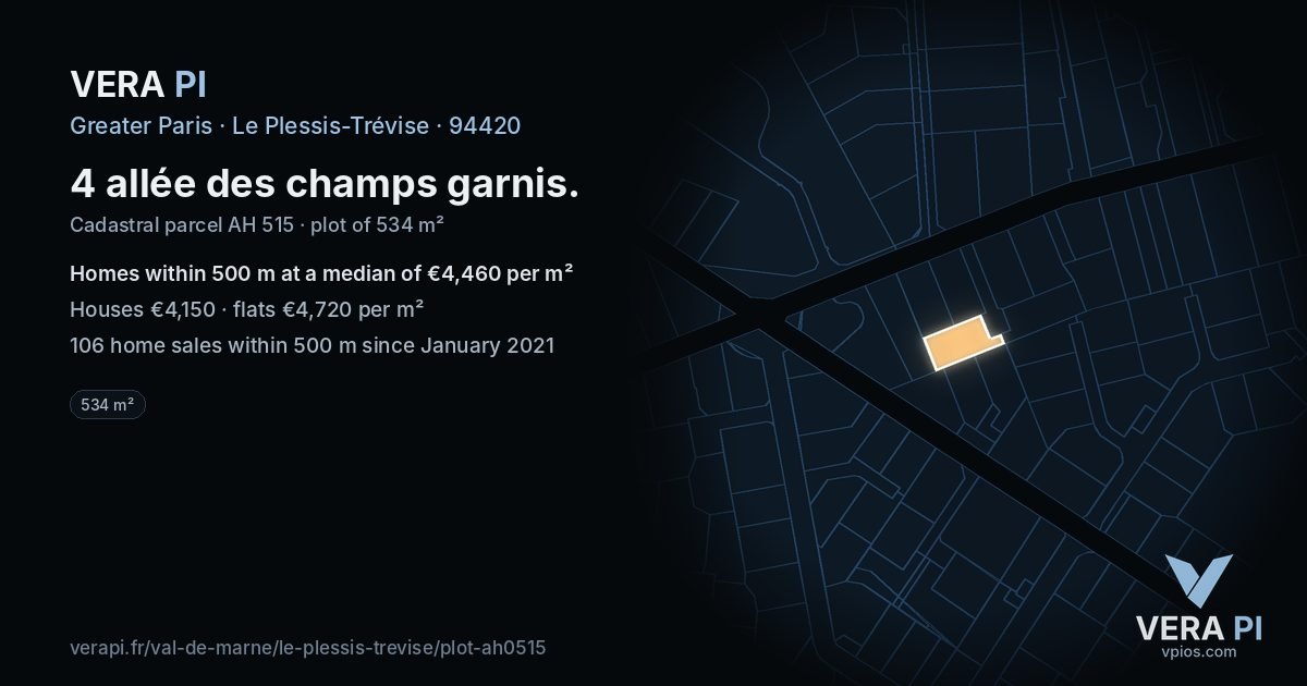 4 allée des champs garnis, Le Plessis-Trévise at night – the plot lit, the parcels around coloured by the prices near them